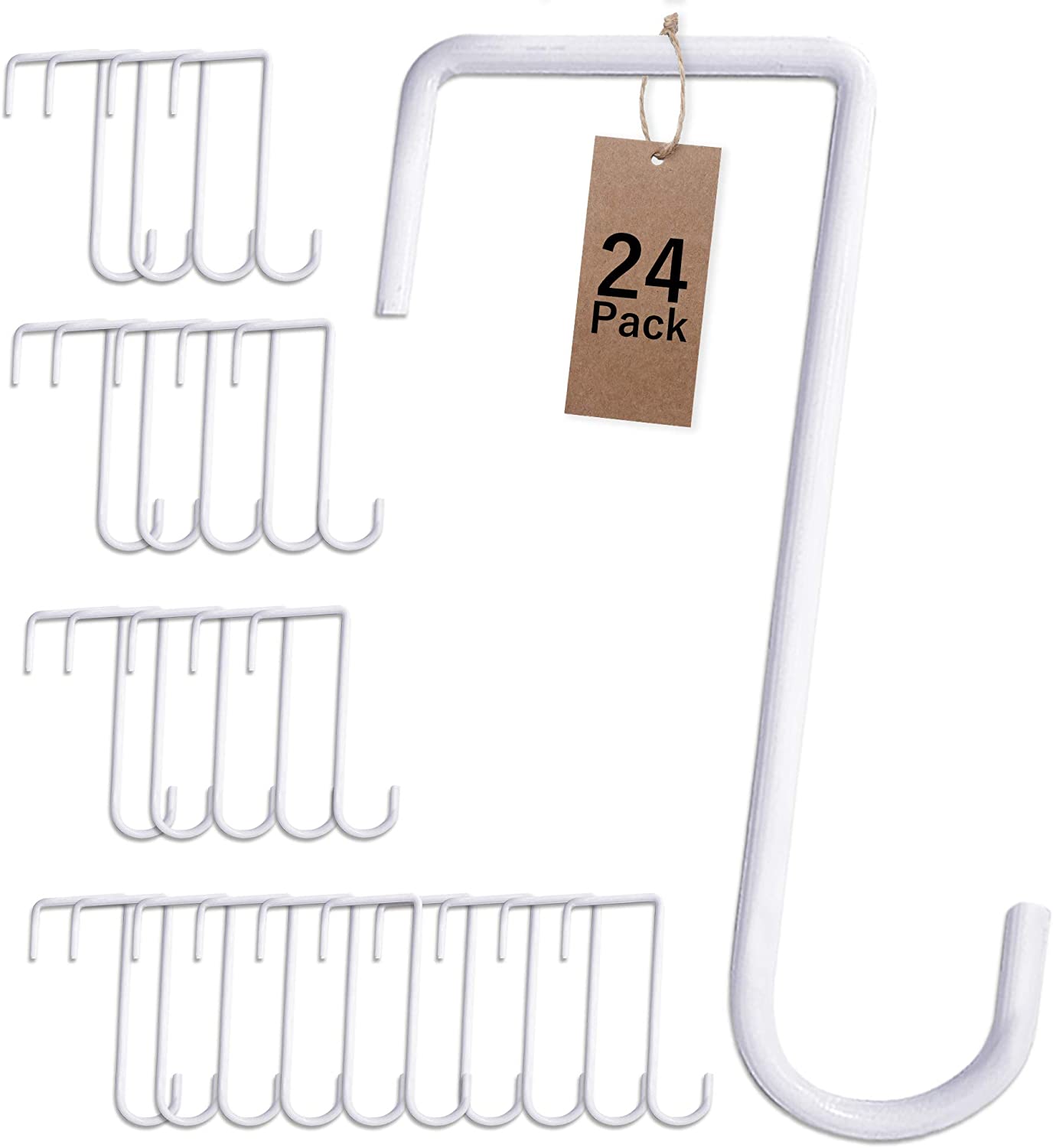 JOYSEUS 24pcs Vinyl Fence Hooks, 2 x 6 Inches Patio Hooks, White Powder Coated Steel Fence Hooks Hangers for Hanging Plants, Lights, Pool Equipment