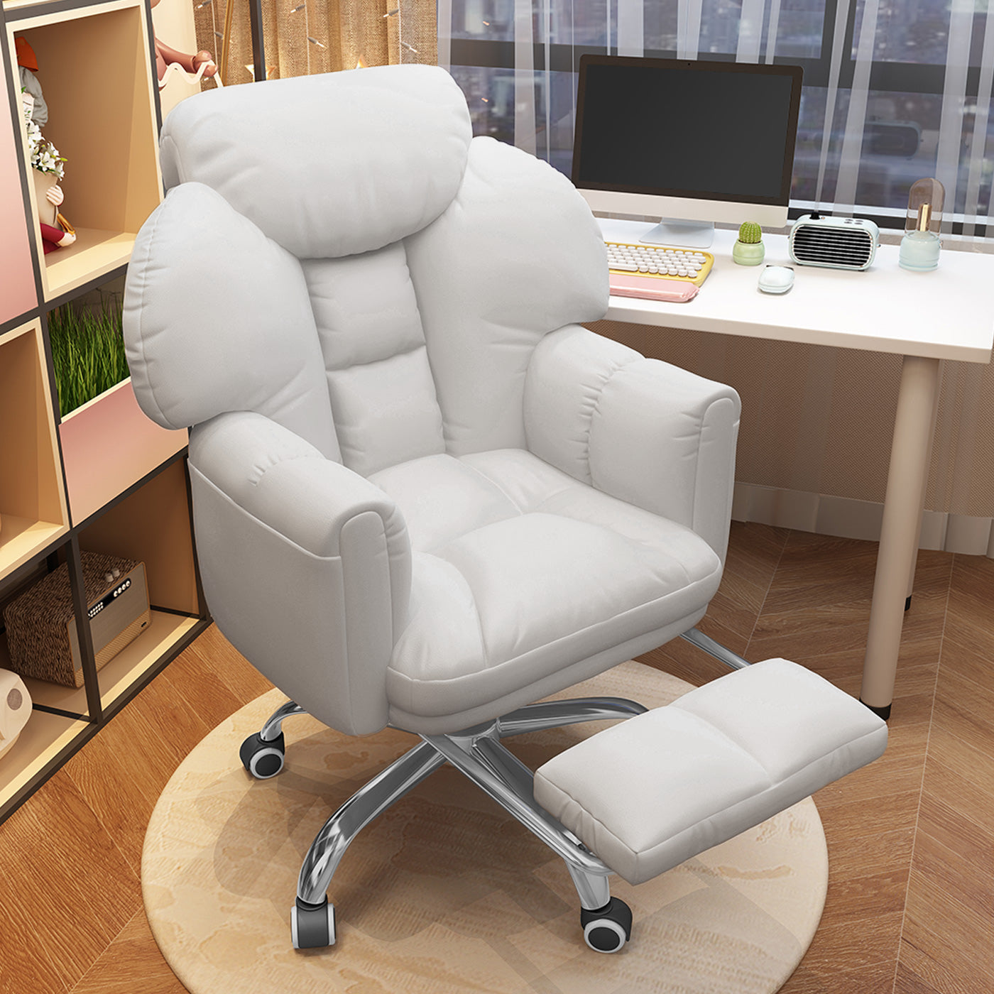 Silla de Oficina Ergonómica con Reposapiés,Silla de Ocio de Altura Ajustable,Silla de Computadora Ejecutiva Reclinable con Respaldo,Silla Giratoria para Sala de Reuniones con Bolsillo Lateral para Teléfono Beige