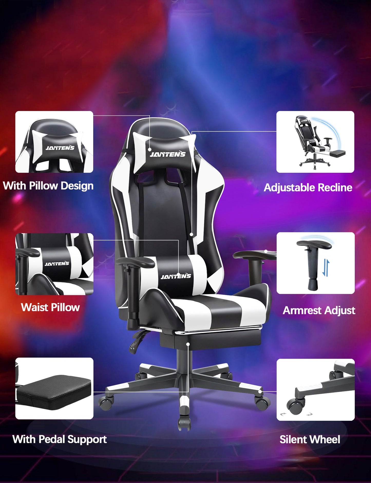 Silla Gaming con Pedal, Silla Gamer Ergonómica para Adultos, Silla de Cuero para PC de Oficina, Silla de Videojuegos Ajustable en Altura