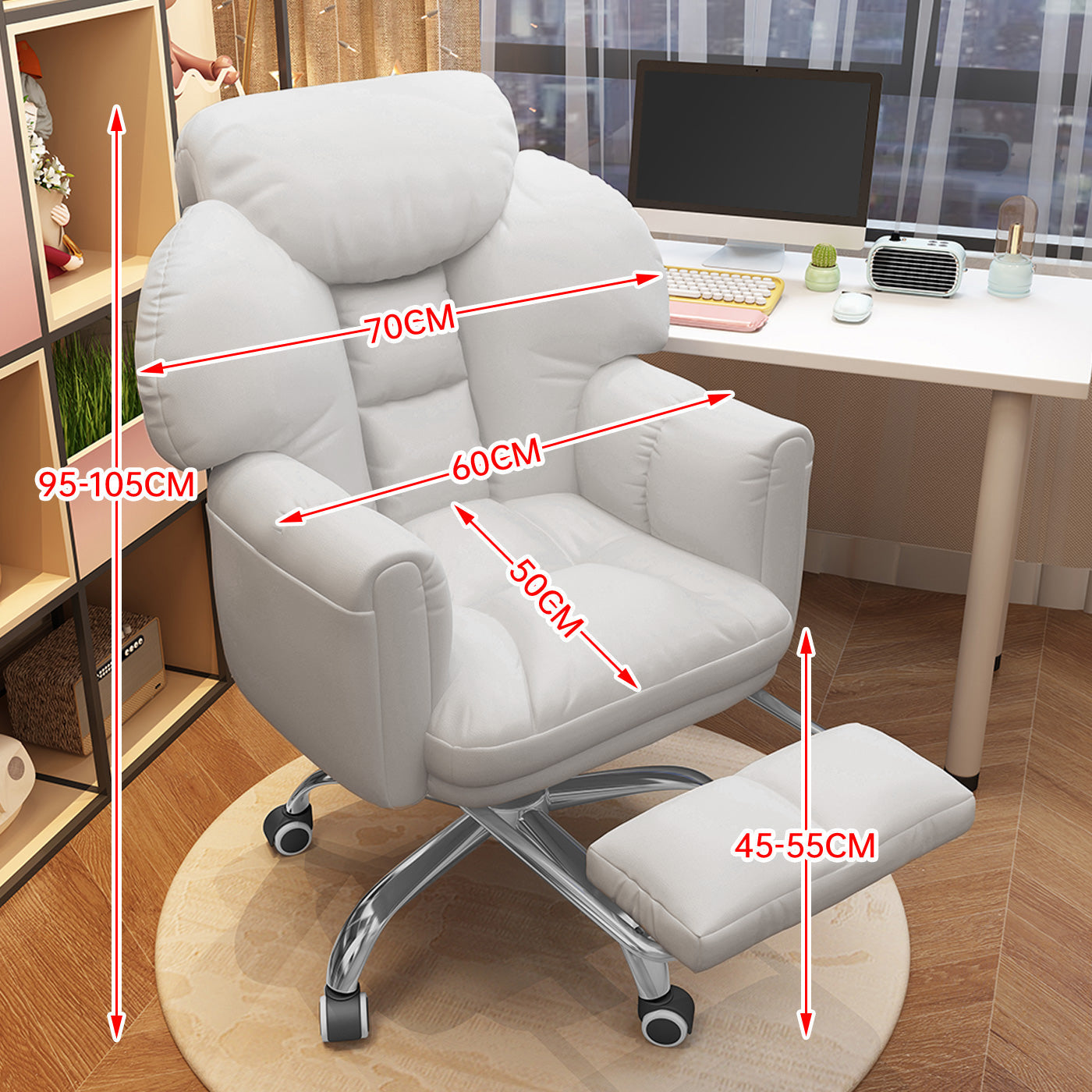 Silla de Oficina Ergonómica con Reposapiés,Silla de Ocio de Altura Ajustable,Silla de Computadora Ejecutiva Reclinable con Respaldo,Silla Giratoria para Sala de Reuniones con Bolsillo Lateral para Teléfono Beige