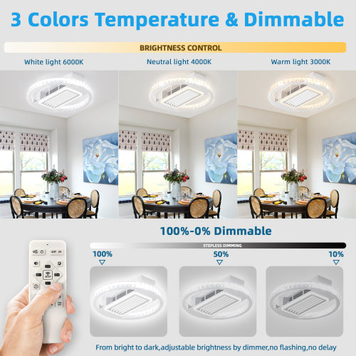 22inch Modern Leafless Ceiling Fan with Remote Control Removable and Washable, Reversible Motor