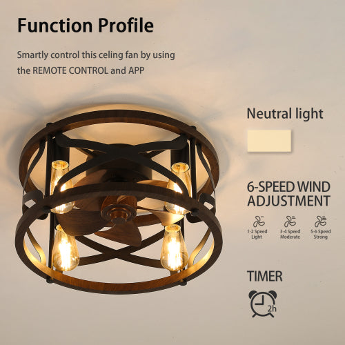 18inch Caged Ceiling Fan with Lights Remote Control for APP (Note:No warranty on bulbs)