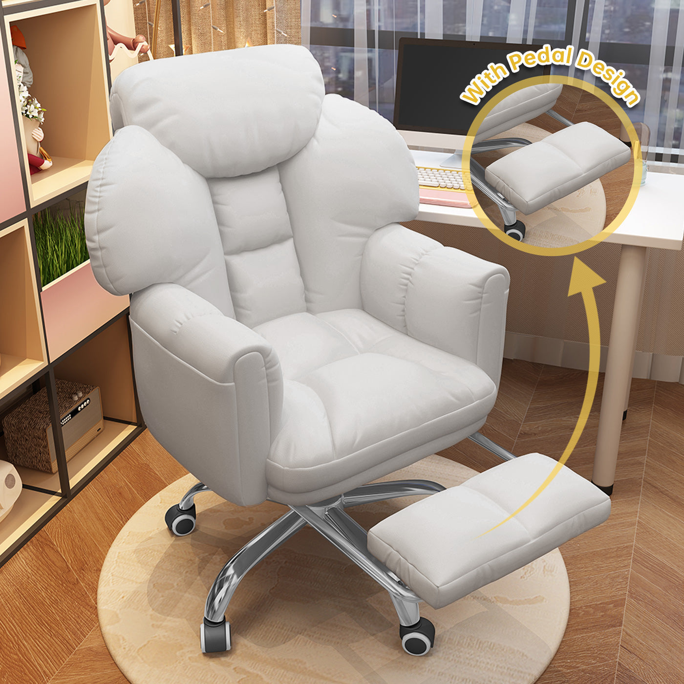 Silla de Oficina Ergonómica con Reposapiés,Silla de Ocio de Altura Ajustable,Silla de Computadora Ejecutiva Reclinable con Respaldo,Silla Giratoria para Sala de Reuniones con Bolsillo Lateral para Teléfono Beige