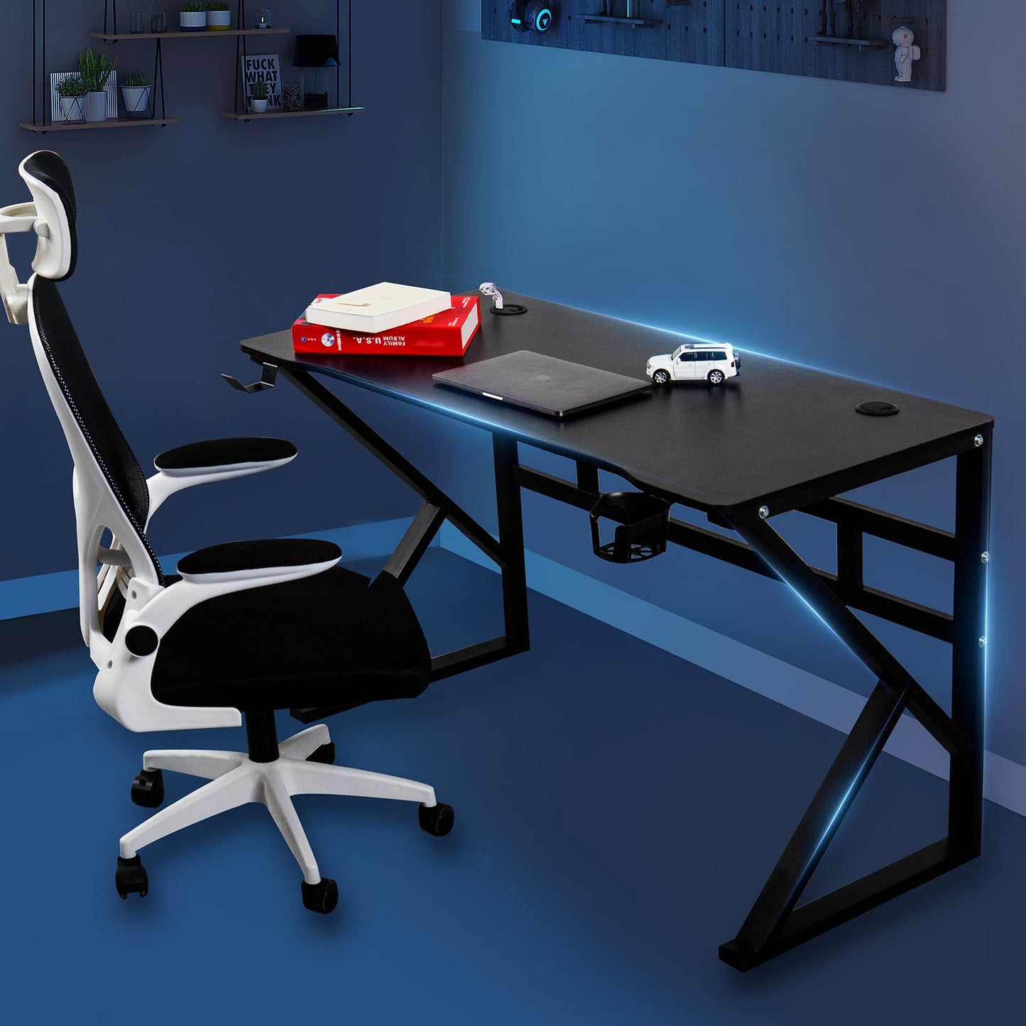 JANTENS Escritorio para juegos con doble carga USB, mesa de oficina en forma de K, superficie de fibra de carbono, mesa ergonómica con portavasos, gancho para auriculares, mesa estilo gaming, color negro