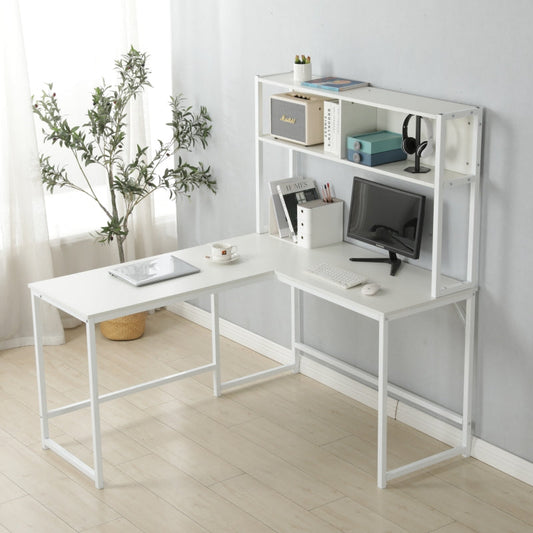 L-Shaped Desk with Hutch, Computer Desk Home Office Gaming Table Workstation with Storage Bookshelf White 140x125x150 cm