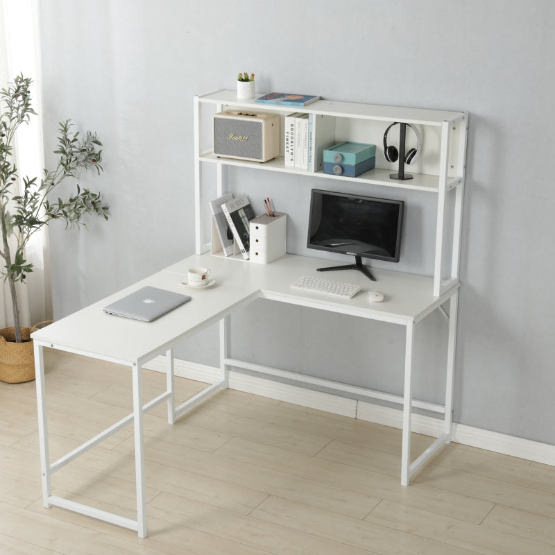 L-Shaped Desk with Hutch, Computer Desk Home Office Gaming Table Workstation with Storage Bookshelf White 140x125x150 cm