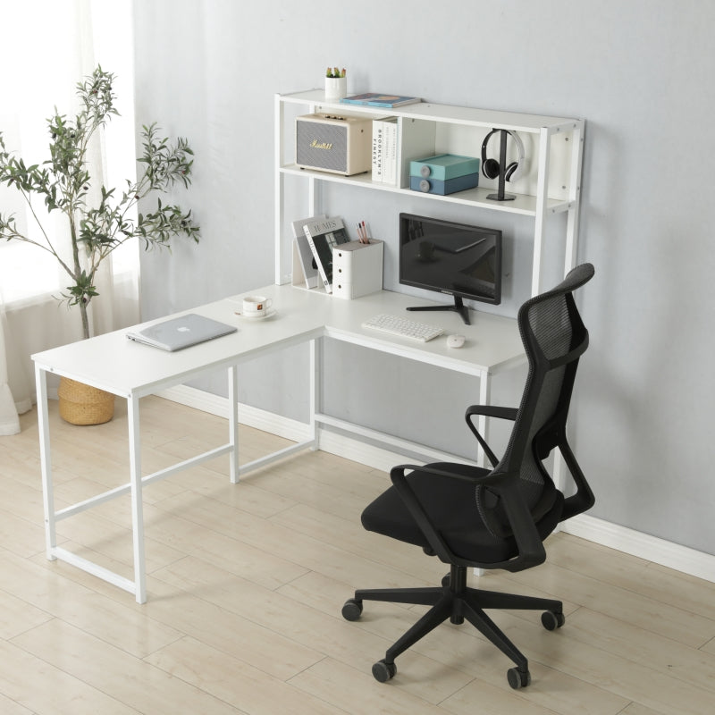 L-Shaped Desk with Hutch, Computer Desk Home Office Gaming Table Workstation with Storage Bookshelf White 140x125x150 cm