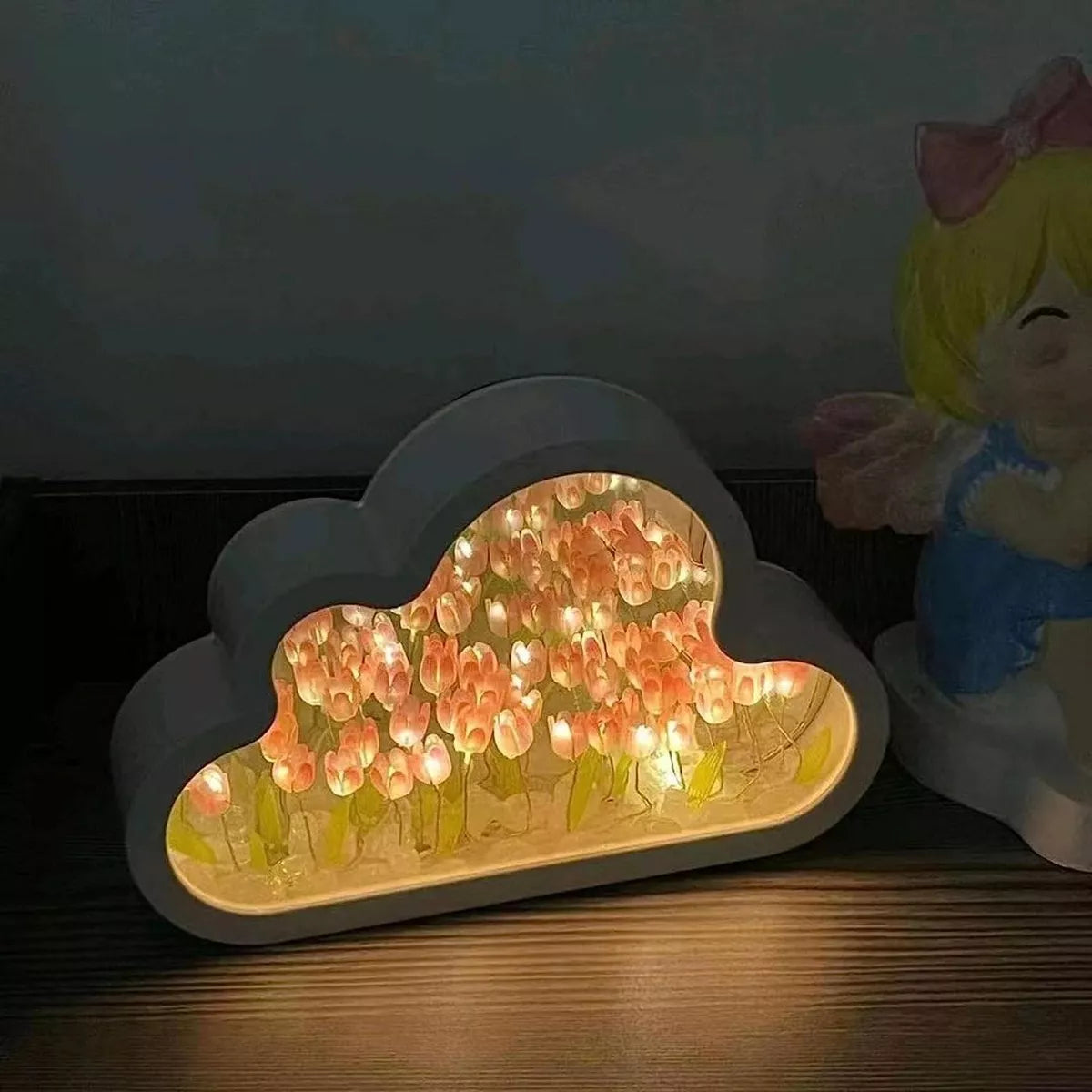 Luz Lámpara Noche Flor Tulipanes Nube Con Espejo Romántica