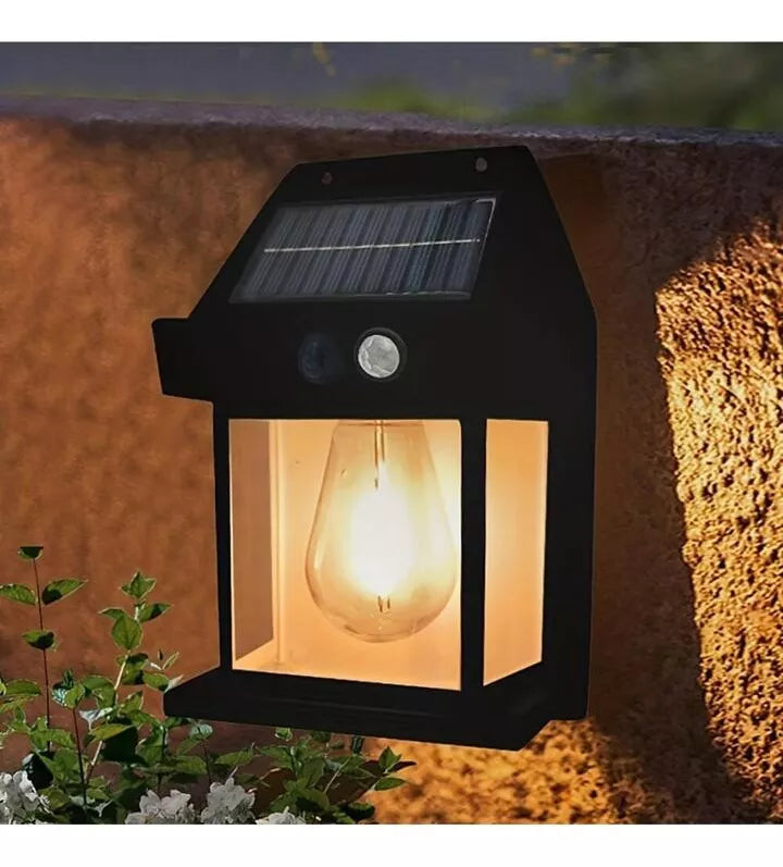 Farol Solar De Pared + Sensor Movimiento Luz Cálida Exterior Color Negro