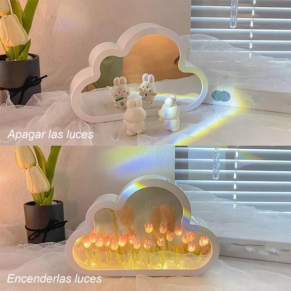 Luz Lámpara Noche Flor Tulipanes Nube Con Espejo Romántica