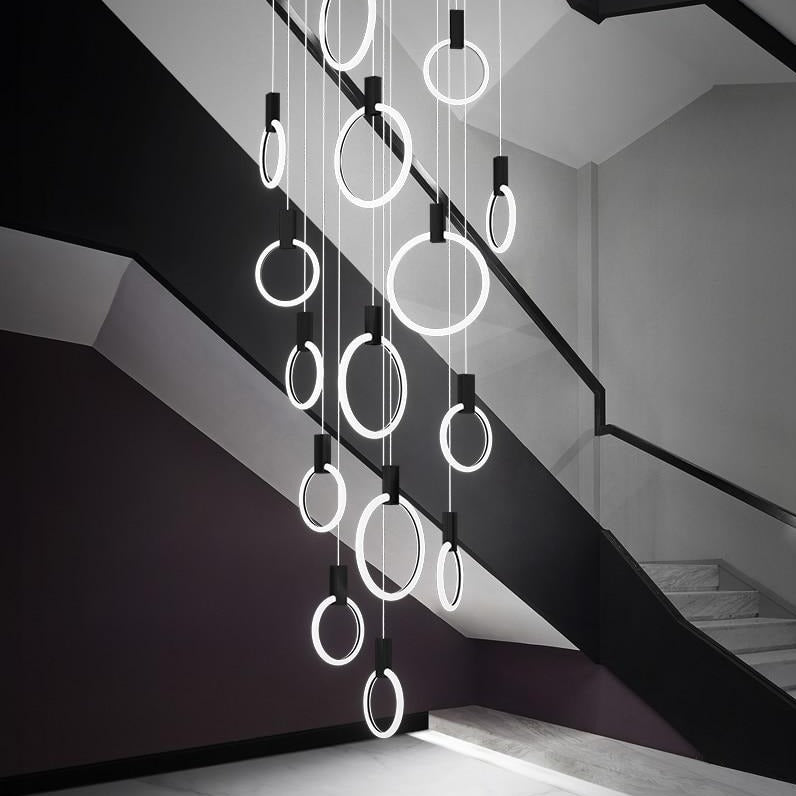 Lights of Scandinavia - Halo (alu) - Modern hanging stair LED chandelier. Perfect for creating a mood in any corner or in a stair. Aluminum/acrylic rings. Specifications Light Source LED Bulbs Base Type 2G11 Is Bulbs Included Dimmable Switch Type Power Source AC, 110-240V Lighting Area Coverage Installation Type Semiflush Mount Body Material Aluminum, Acrylic Warranty 2 years Certification CCC, CE, CQC, FCC, GS, LVD, PSE, ROHS, SAA, UL