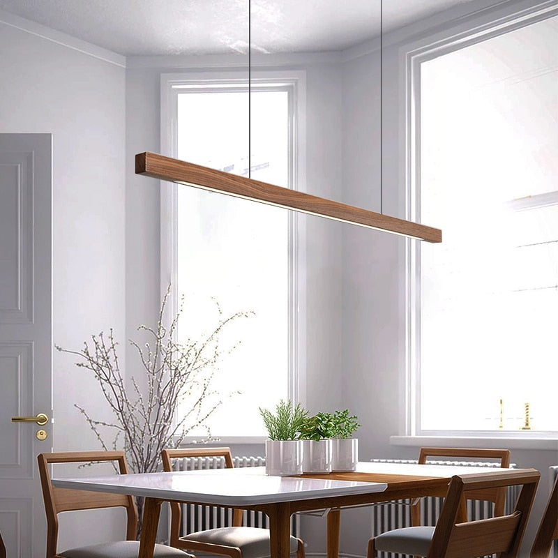 Lights of Scandinavia - Lind - Modern long hanging dining room pendant light ala Nordic style. Will also make a good fit for office areas, restaurants and bars. Pine wood or black walnut Use the included remote to change color temperature between cold, neutral and warm light.