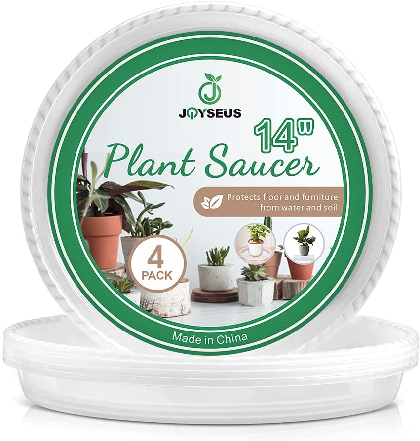JOYSEUS Plant Saucers - 14 Inch - Durable Plastic Plant Tray for Flower Pots, Clear Plant Saucer for Indoor Plants Pots & Outdoor Plants (4 Pack)