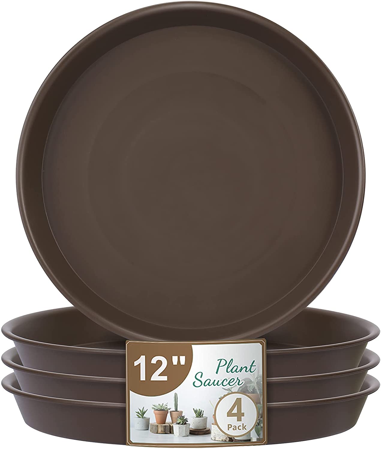 JOYSEUS Plant Saucer - 12 inch - 4 Pack Durable Plastic Plant Tray for Plant Pots, Thick Plant Saucer for Indoor & Outdoor Plants. (Brown)
