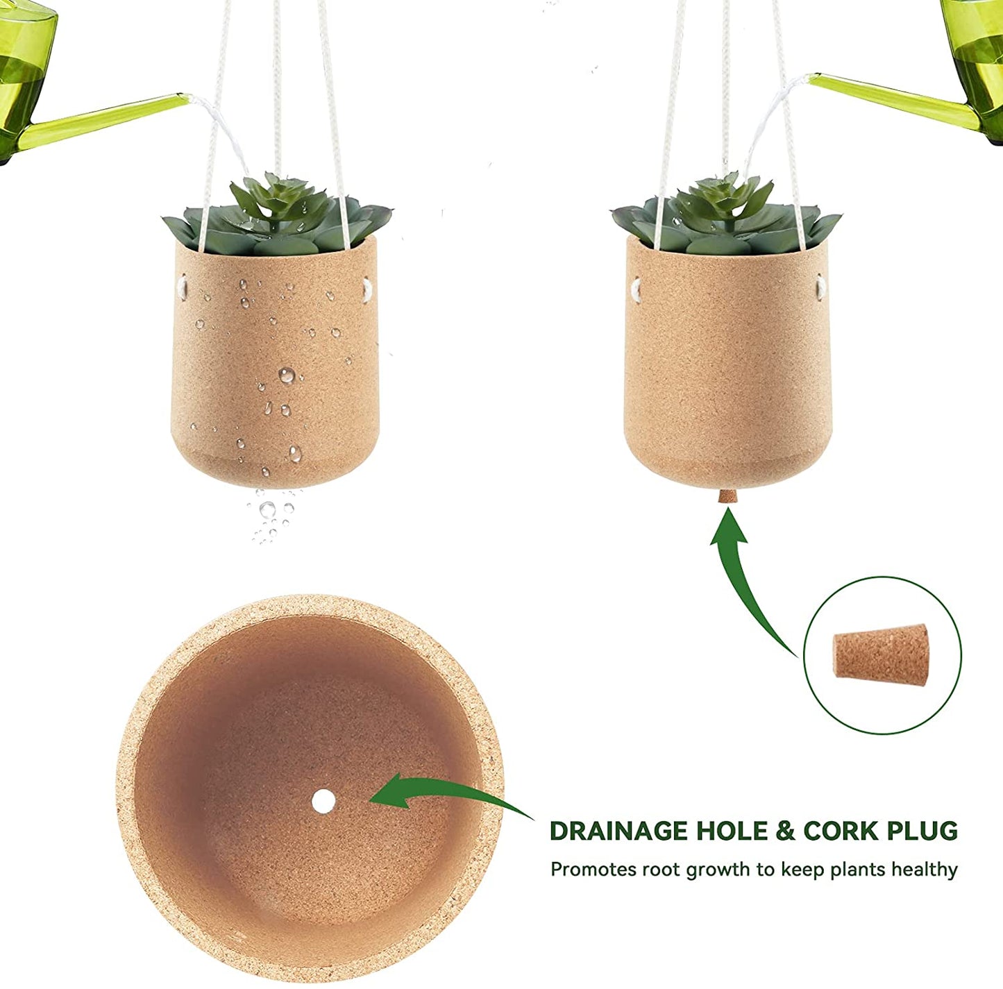 JOYSEUS Cork Hanging Planter Indoor, Natural 5 Inches Wall Hanging Plant Pot, Hanging Pots with Drainage Hole and Jute Rope for Small Plants, Cactus, Succulents, Herbs